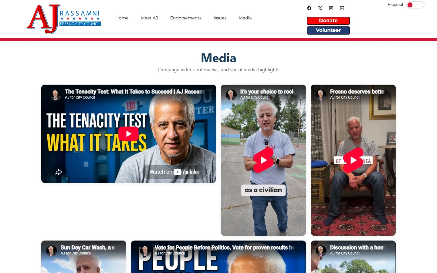 Media page with a grid of YouTube embeds, one wide interview video and two vertical short-form clips