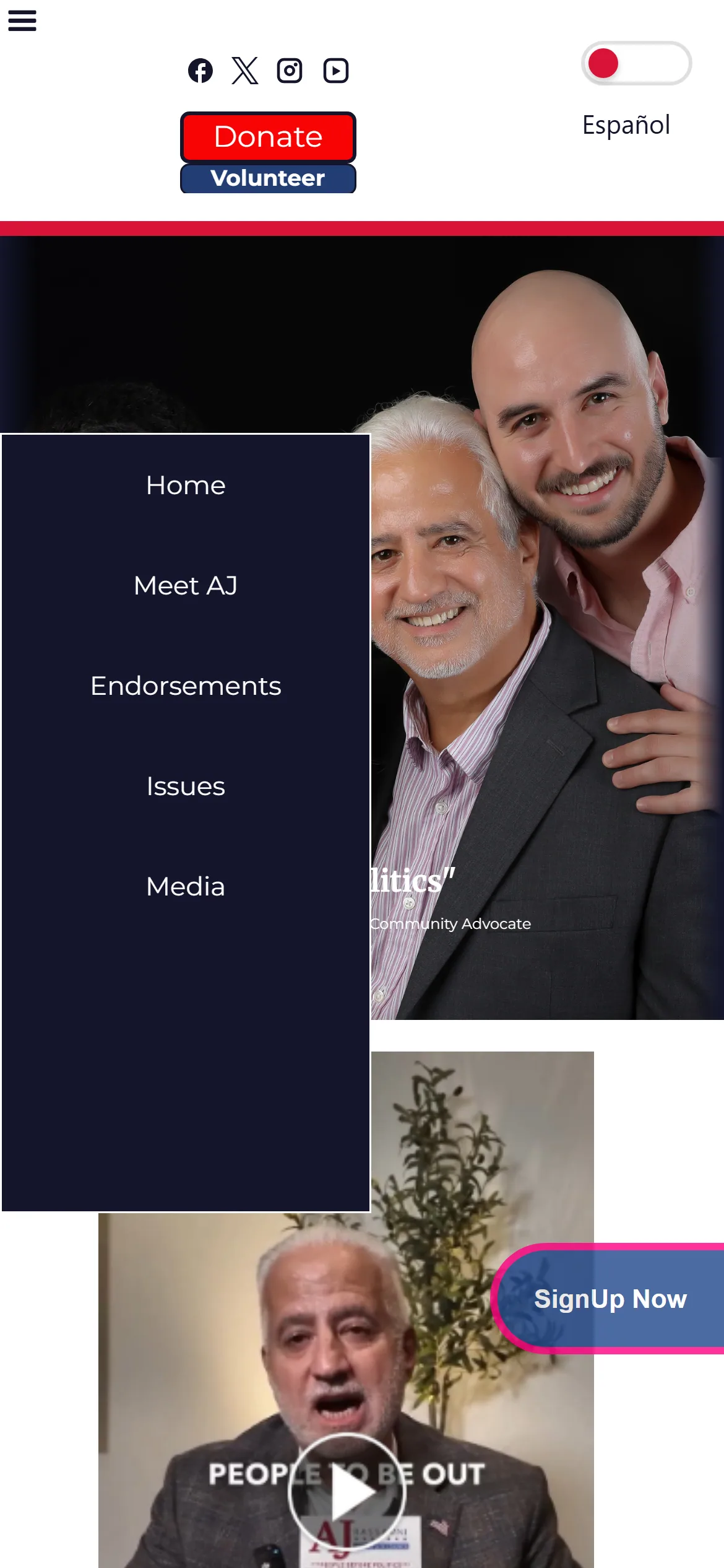 Mobile navigation panel open over the home page, listing Home, Meet AJ, Endorsements, Issues and Media