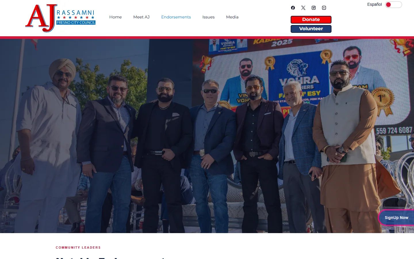 Endorsements page hero showing the candidate with community leaders at a public event, under the Community Leaders heading