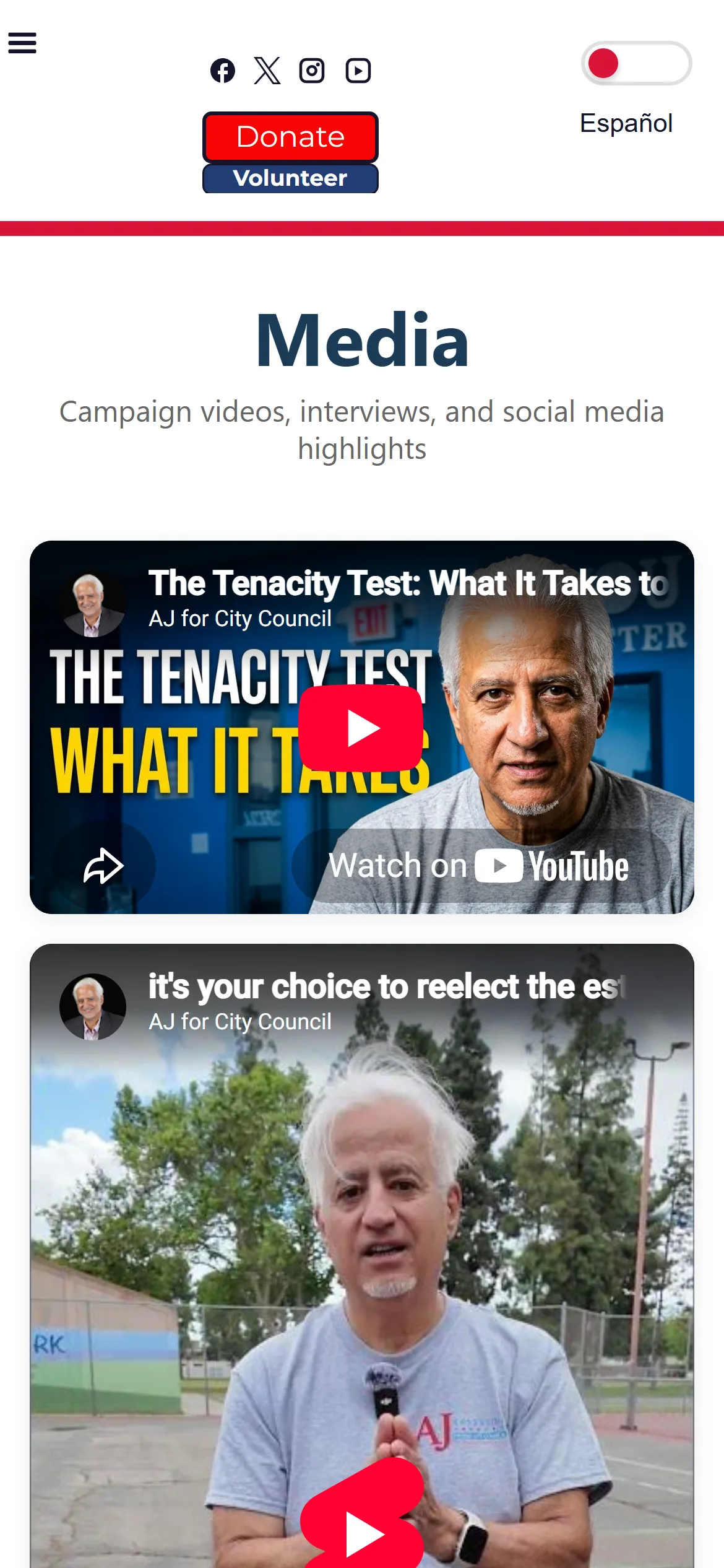 Media page on a phone, with videos stacked in a single column