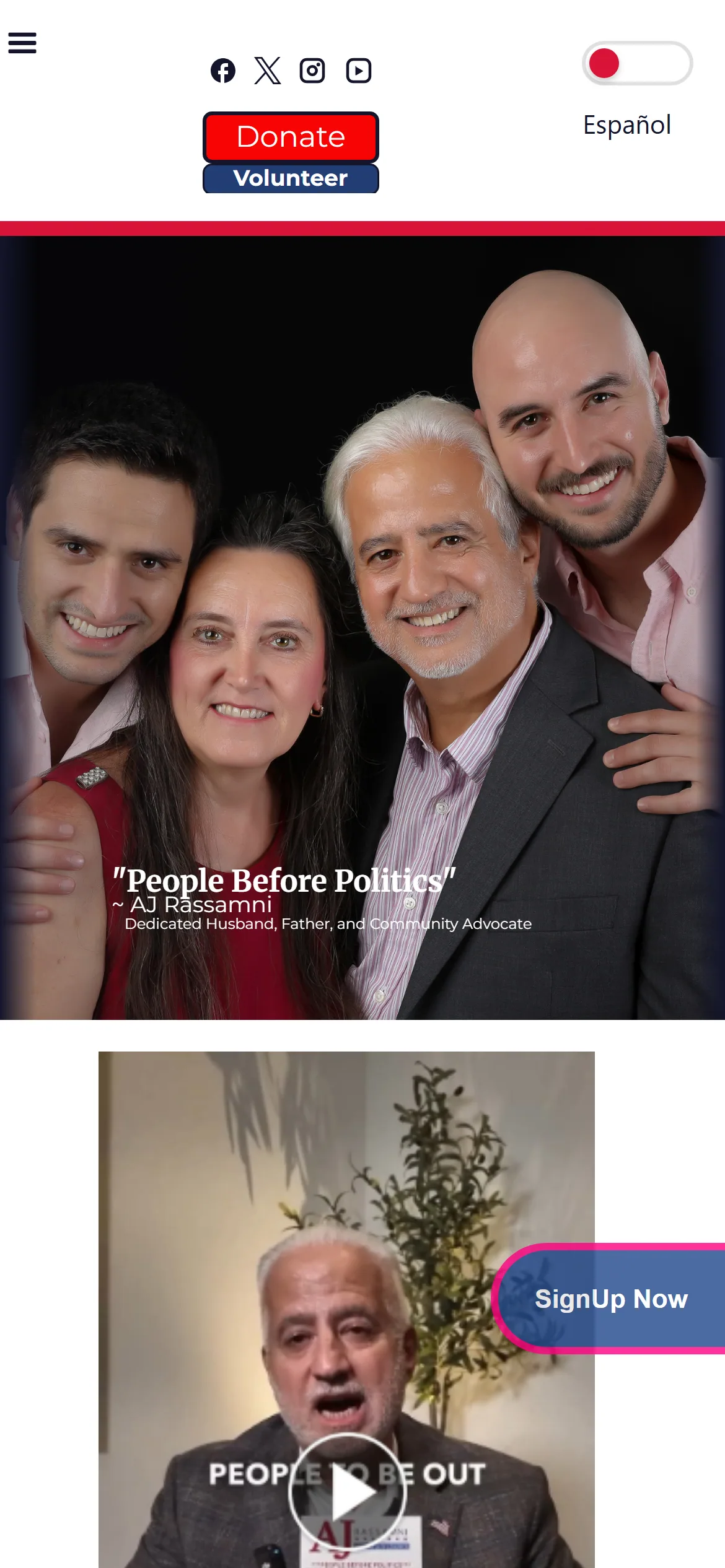 Mobile home page with Donate and Volunteer buttons, the Espanol toggle and the family portrait