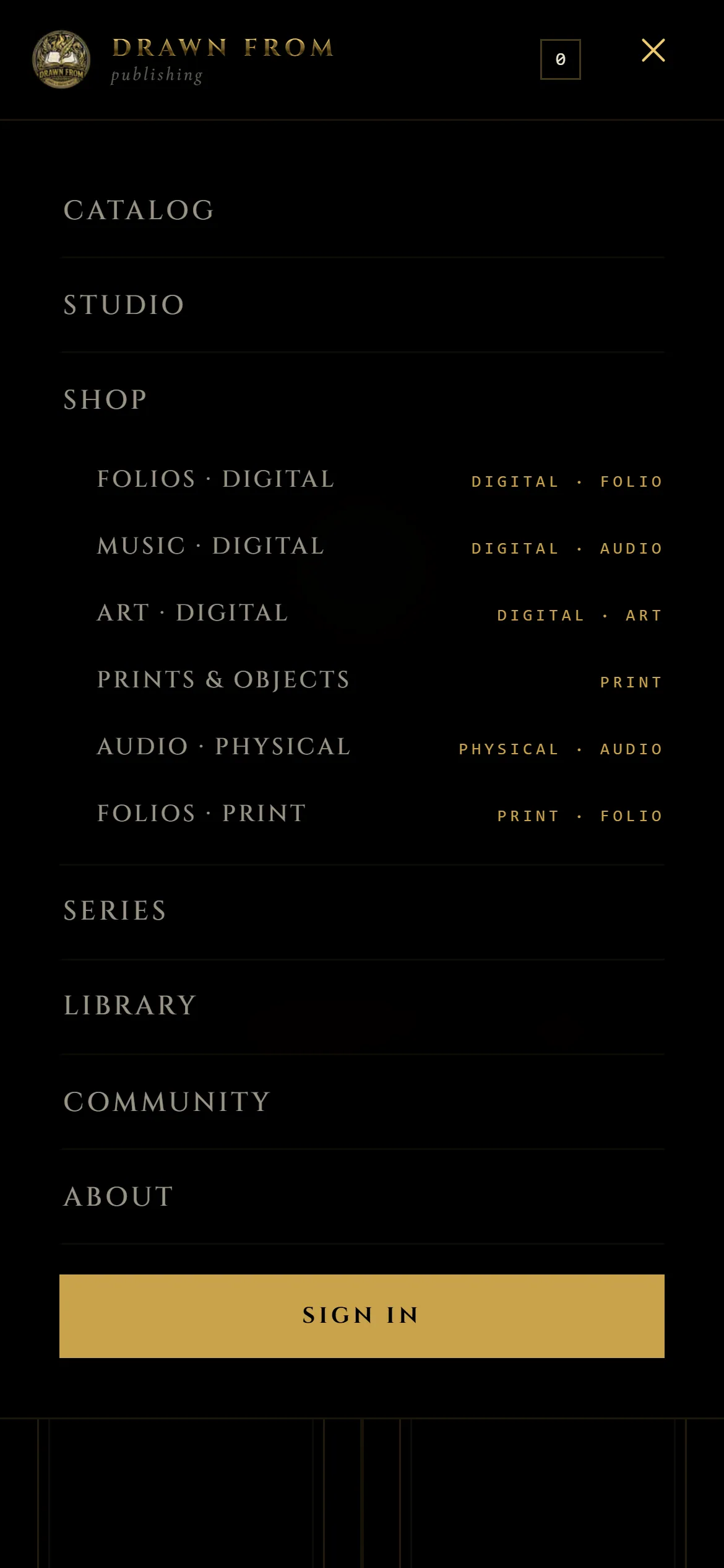 Mobile menu open, showing Catalog, Studio, the Shop submenu by format, Series, Library, Community, About and Sign in
