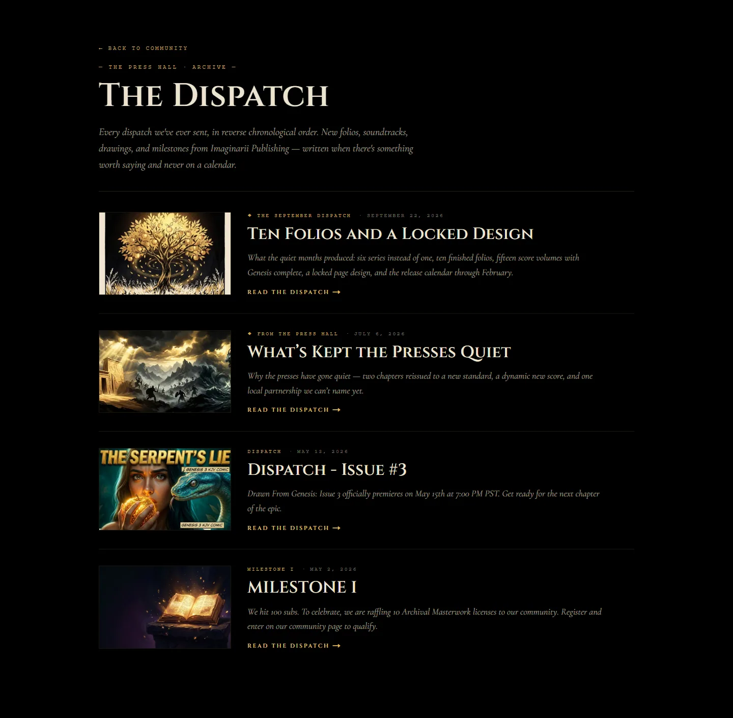 The Dispatch archive listing newsletter issues with thumbnails, dates and summaries