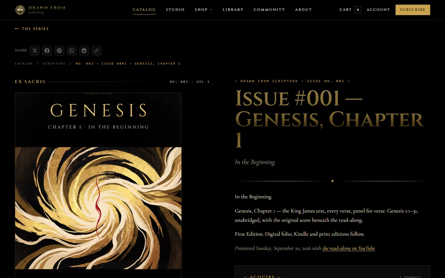 Issue page for Genesis, Chapter 1 with cover art, share buttons and issue description
