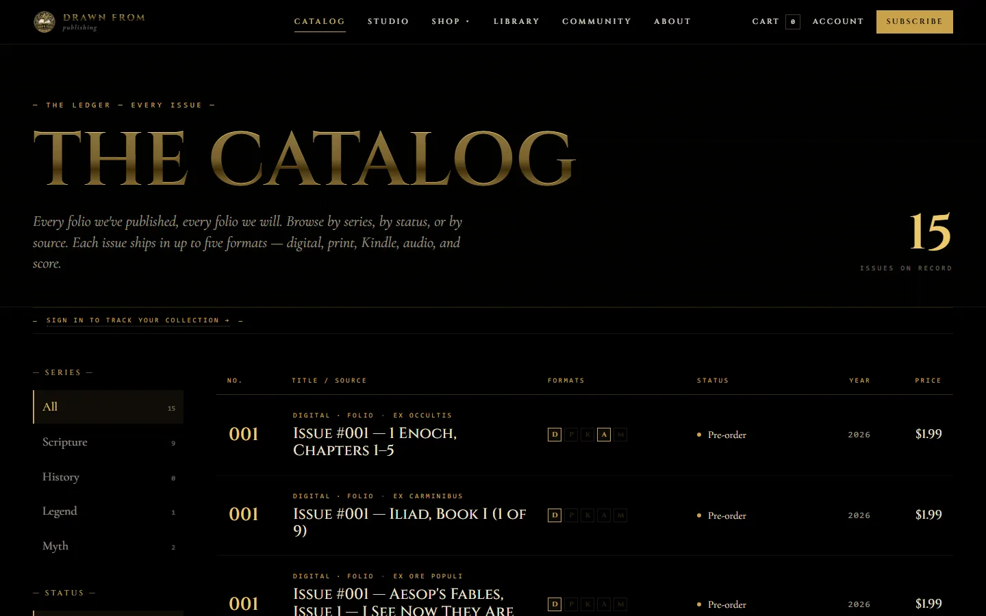 The Catalog page listing issues with series filters, format badges, status and year