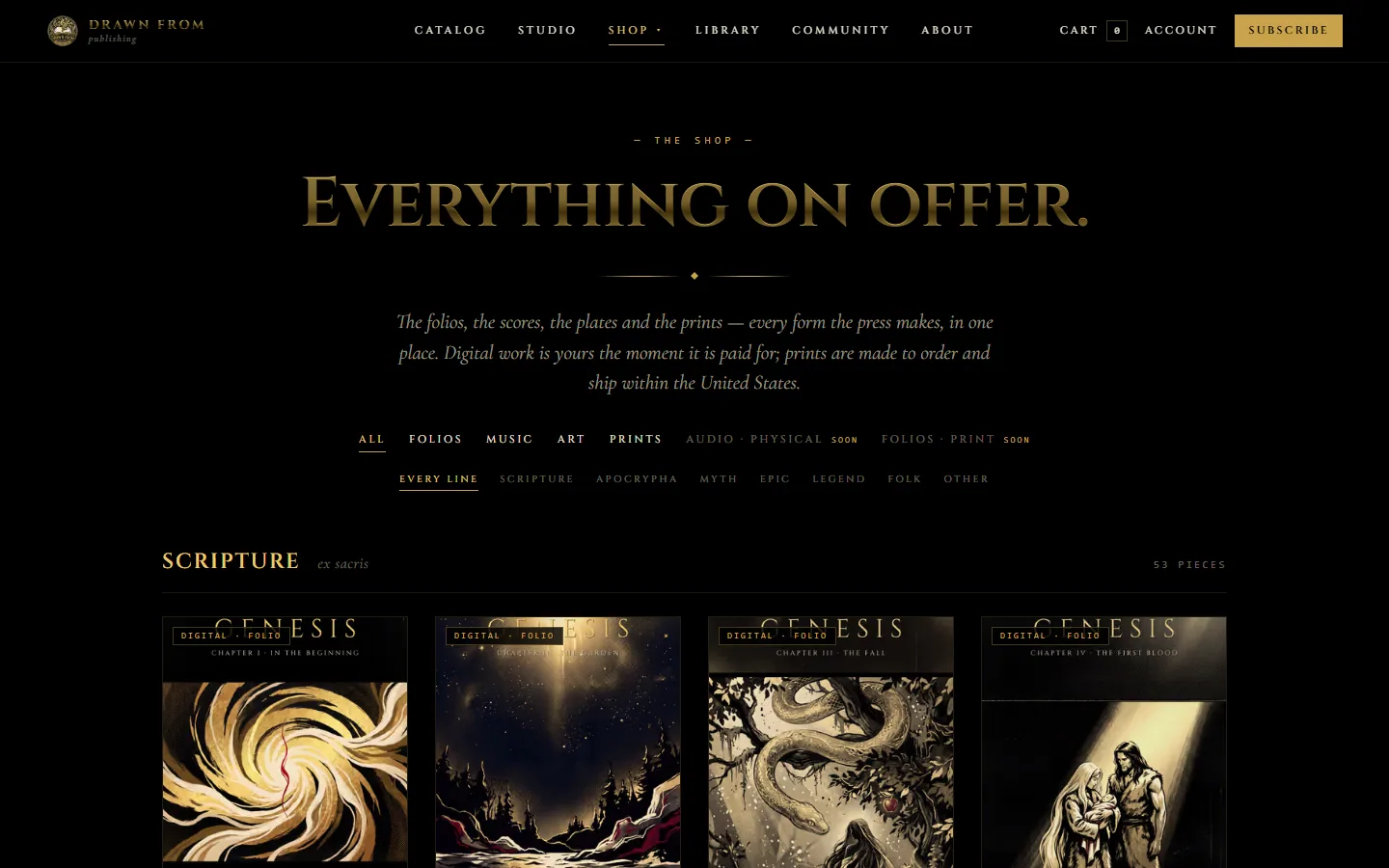 The Shop page headed Everything on Offer, with format and line filters above Genesis folio cards