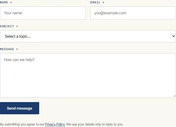 Contact form with name, email, subject and message fields