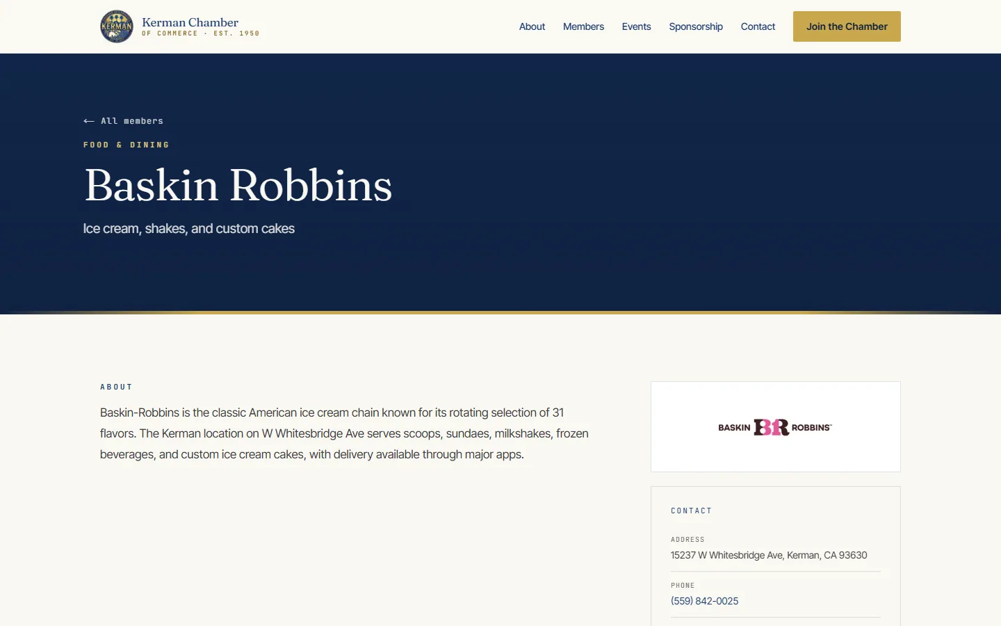 A member profile page for a local ice cream shop with logo and contact details