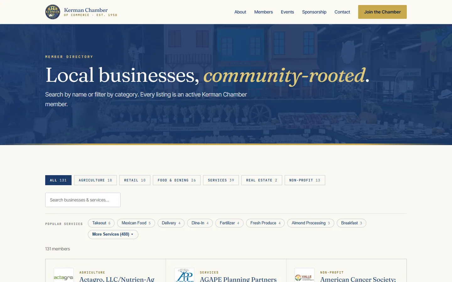 Member directory with category filters, a search box and popular service tags