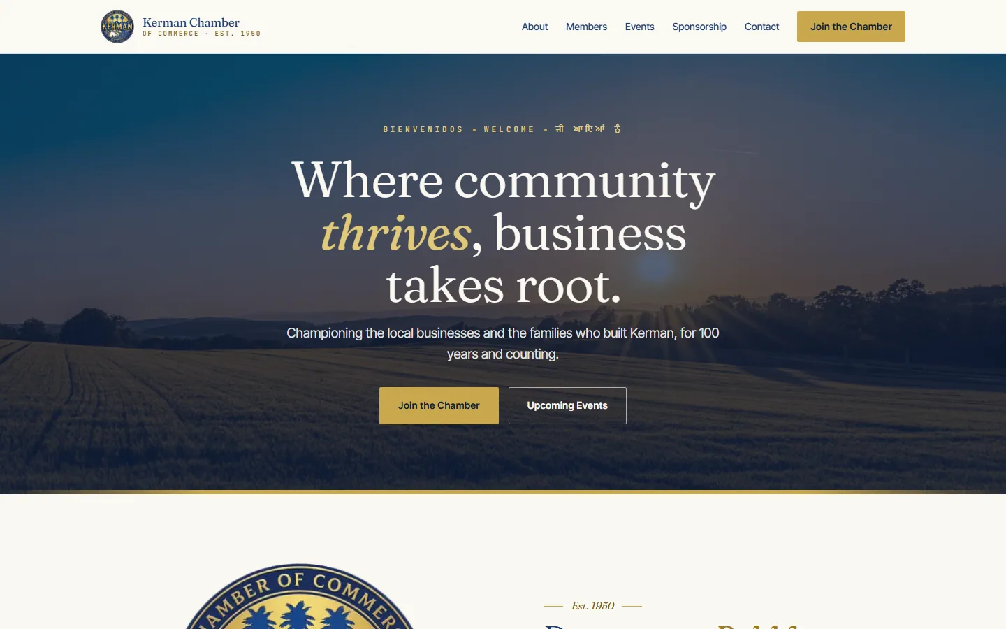 The new Kerman Chamber home page with a farmland sunset photo, serif headline and gold Join the Chamber button
