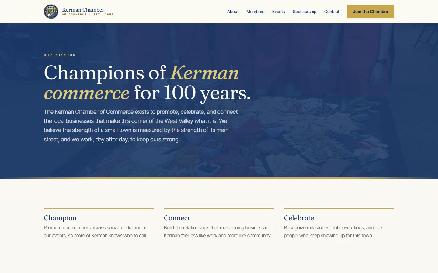 About page describing the Chamber's mission to champion, connect and celebrate