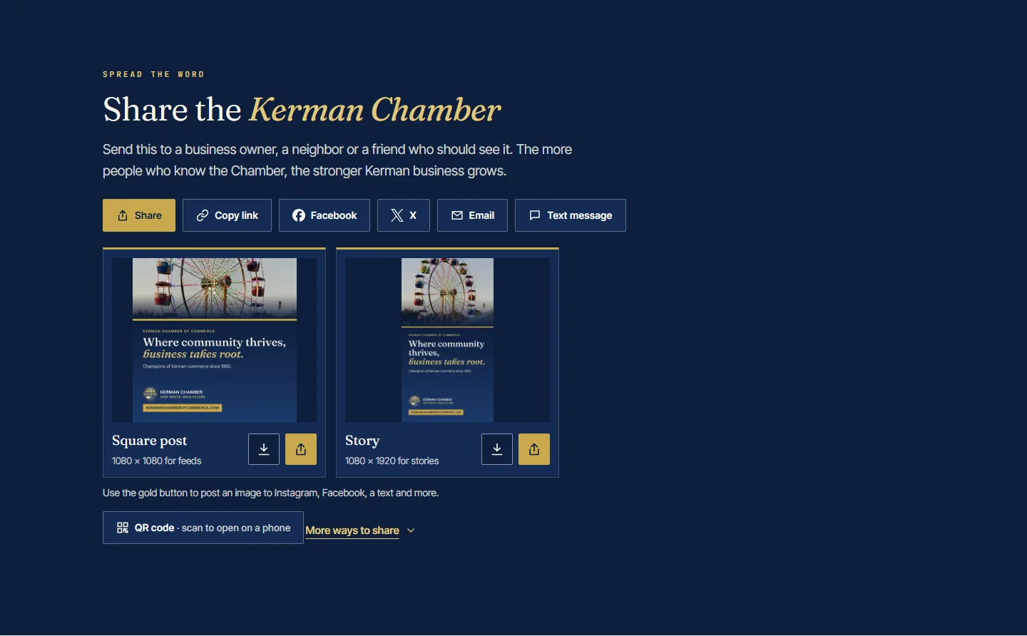 Share the Kerman Chamber section with square and story images and share buttons