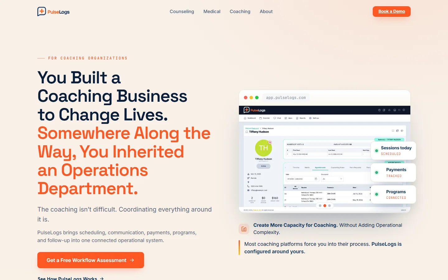 Coaching page hero about inheriting an operations department, with product view and status chips