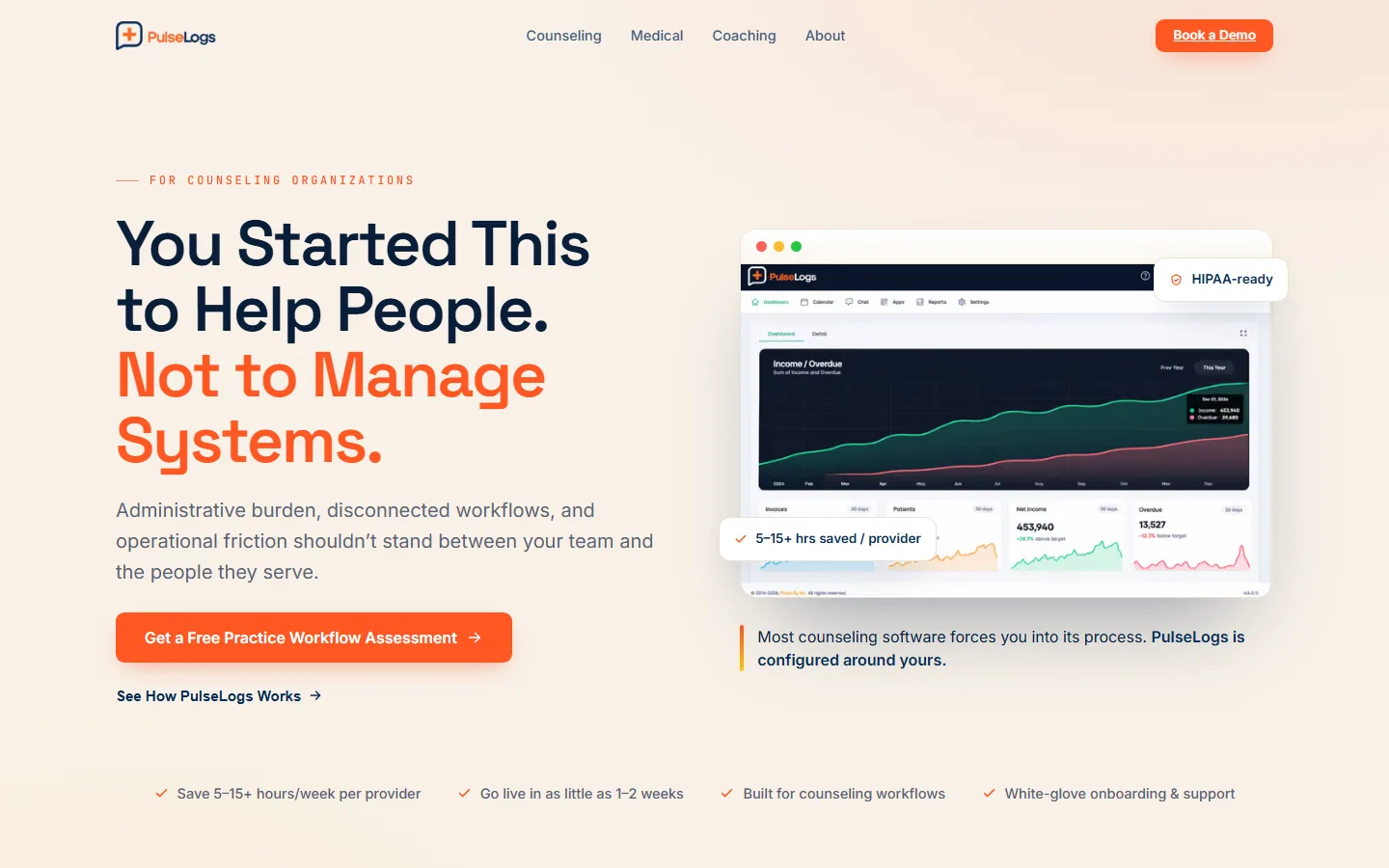 Counseling page hero: You Started This to Help People, Not to Manage Systems, with a dashboard in browser chrome