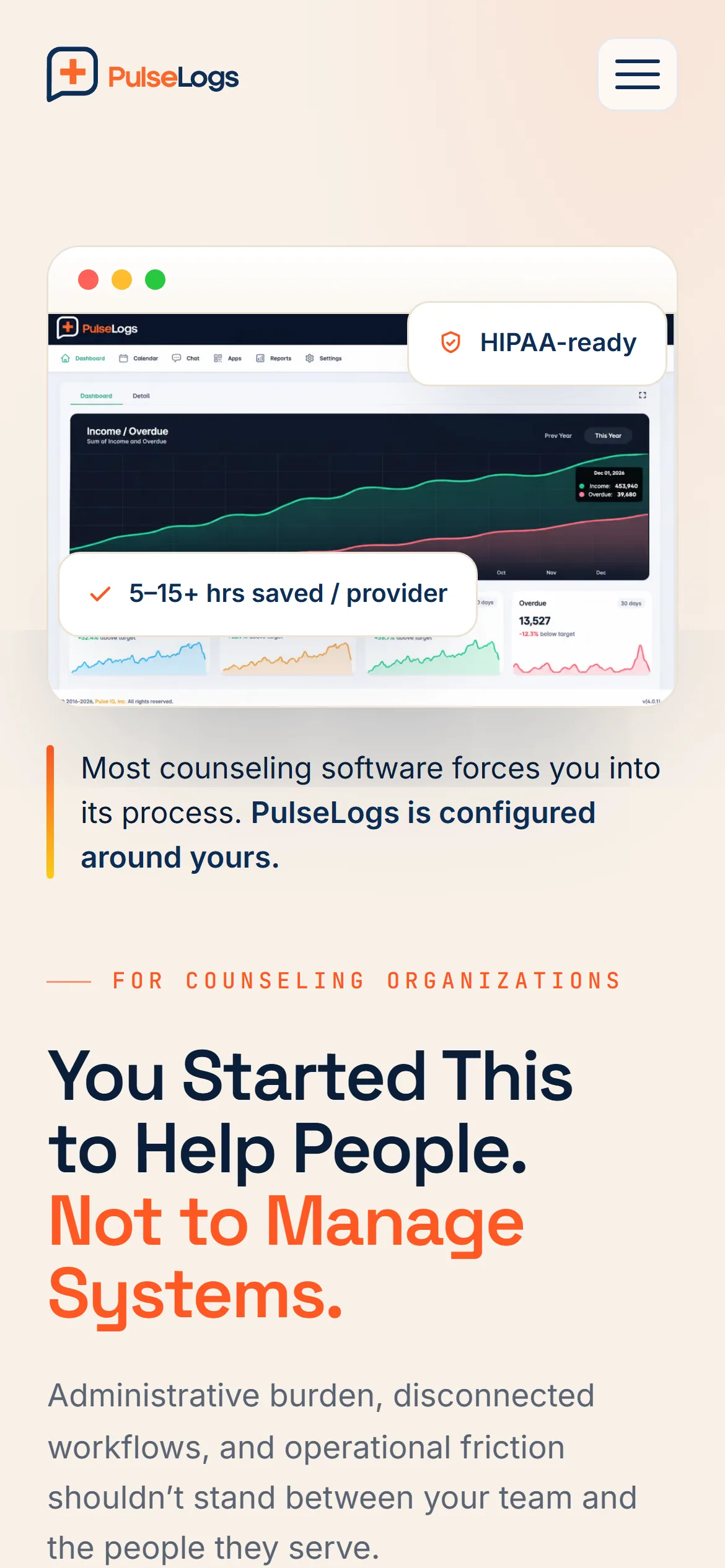 Counseling page on a phone with the product dashboard and HIPAA-ready badge above the headline