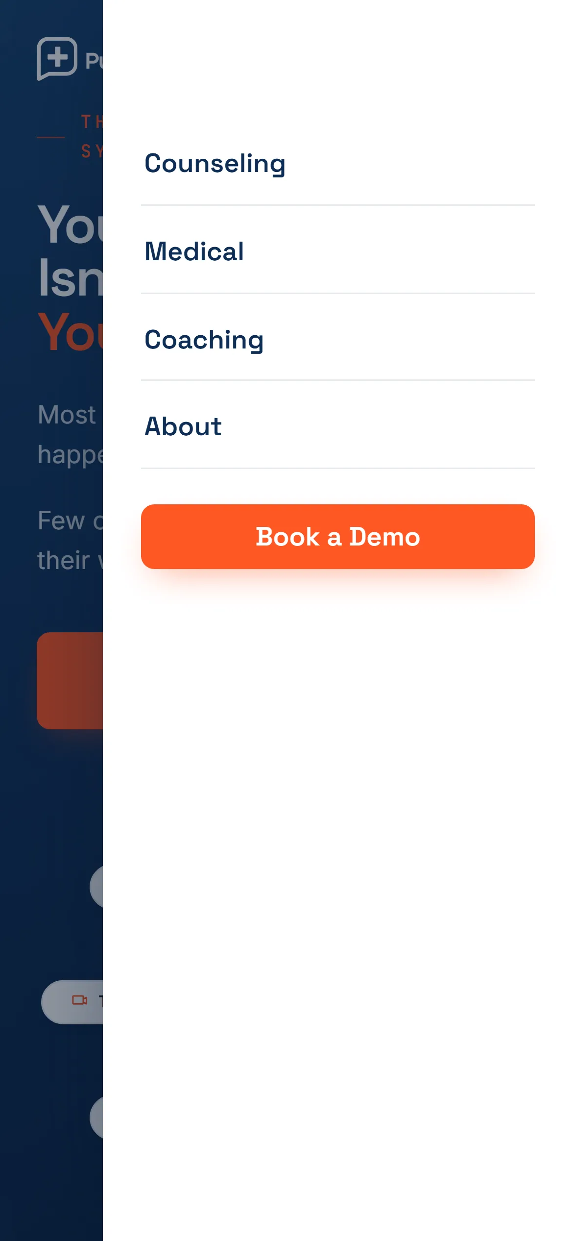 Mobile navigation drawer open with Counseling, Medical, Coaching, About and a Book a Demo button