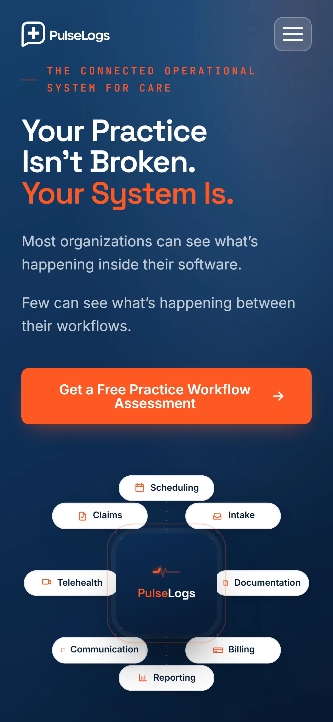 The PulseLogs homepage hero on a phone with the function diagram below the headline