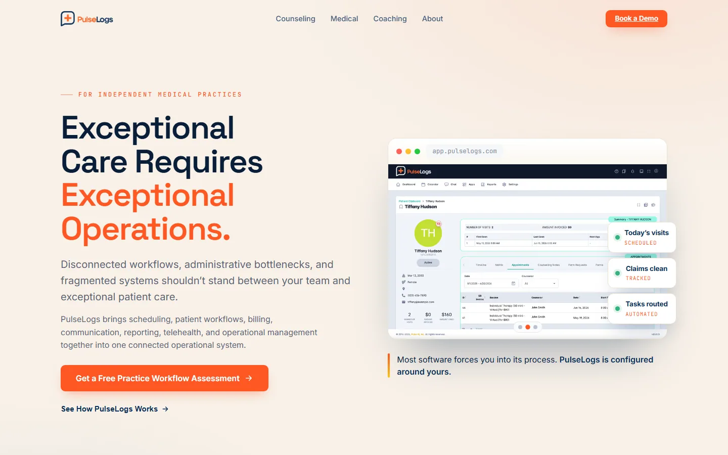 Medical page hero: Exceptional Care Requires Exceptional Operations, with a patient record view and status chips
